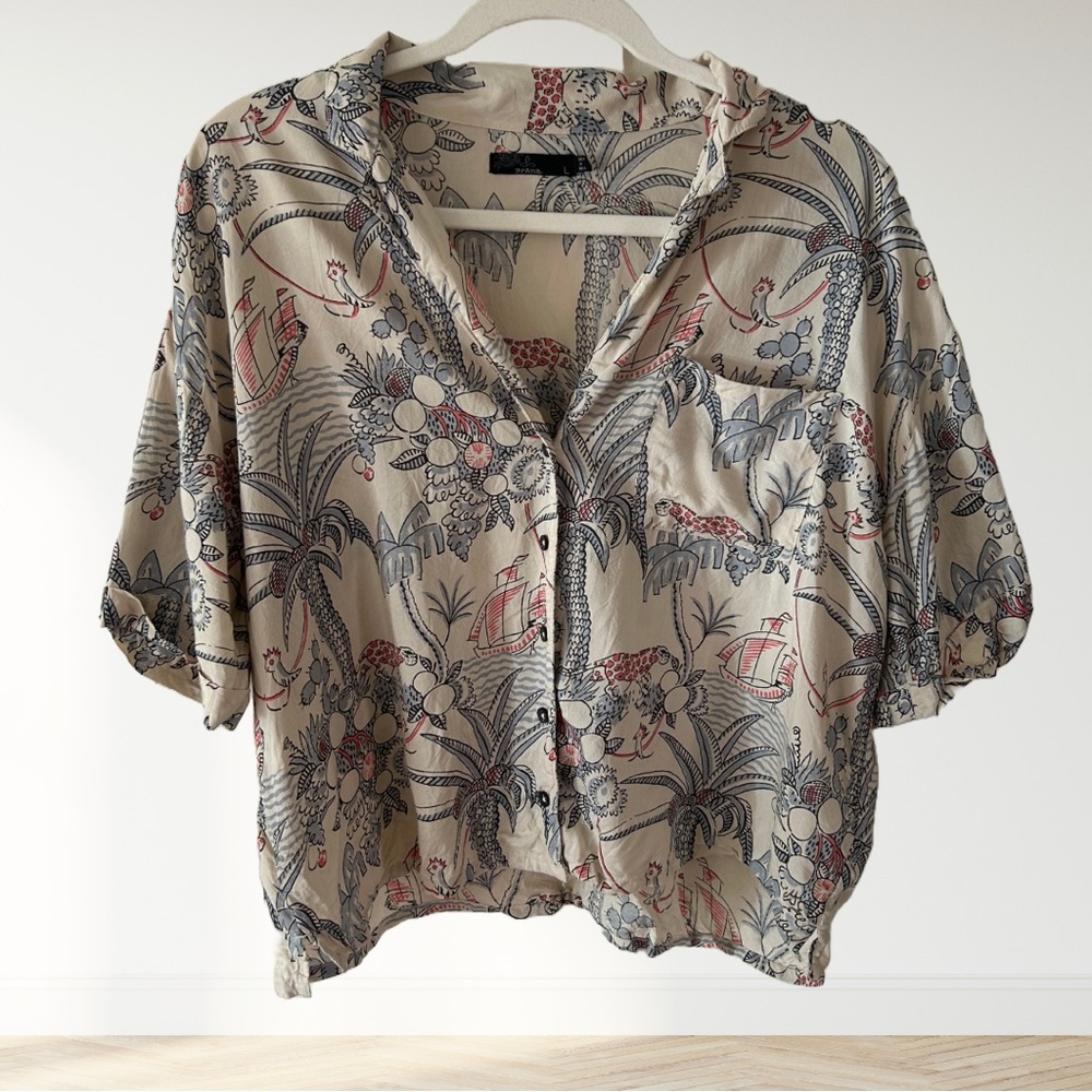 Tropical Print Beige Cropped Shirt